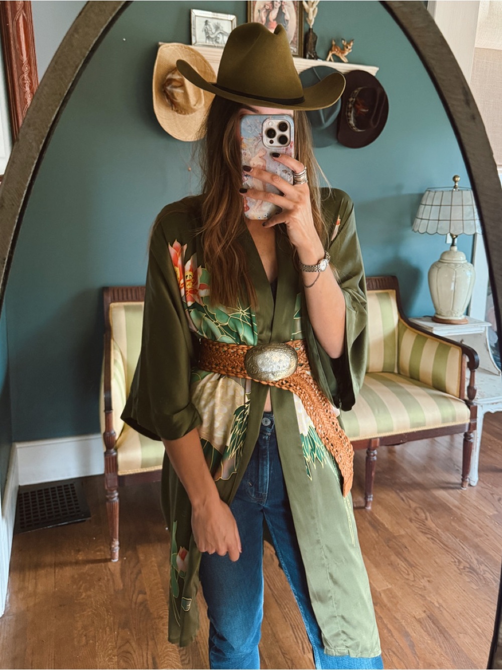Kim + Ono Green Floral crane kimono Robe one size
